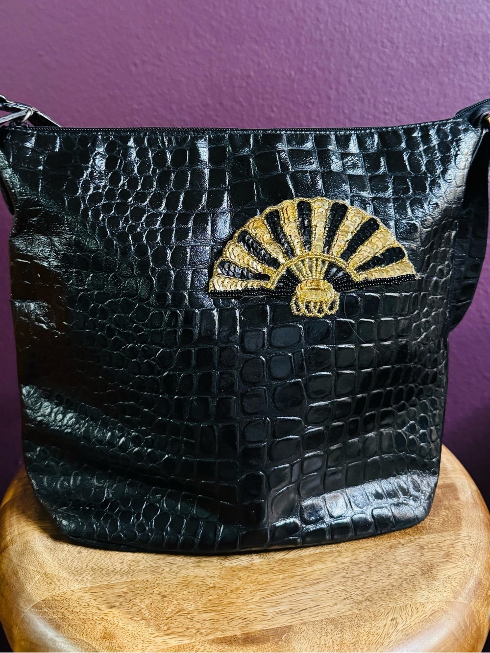 Lord & Taylor Black Croc-Embossed Shoulder Bag with Gold Fan Embellishment